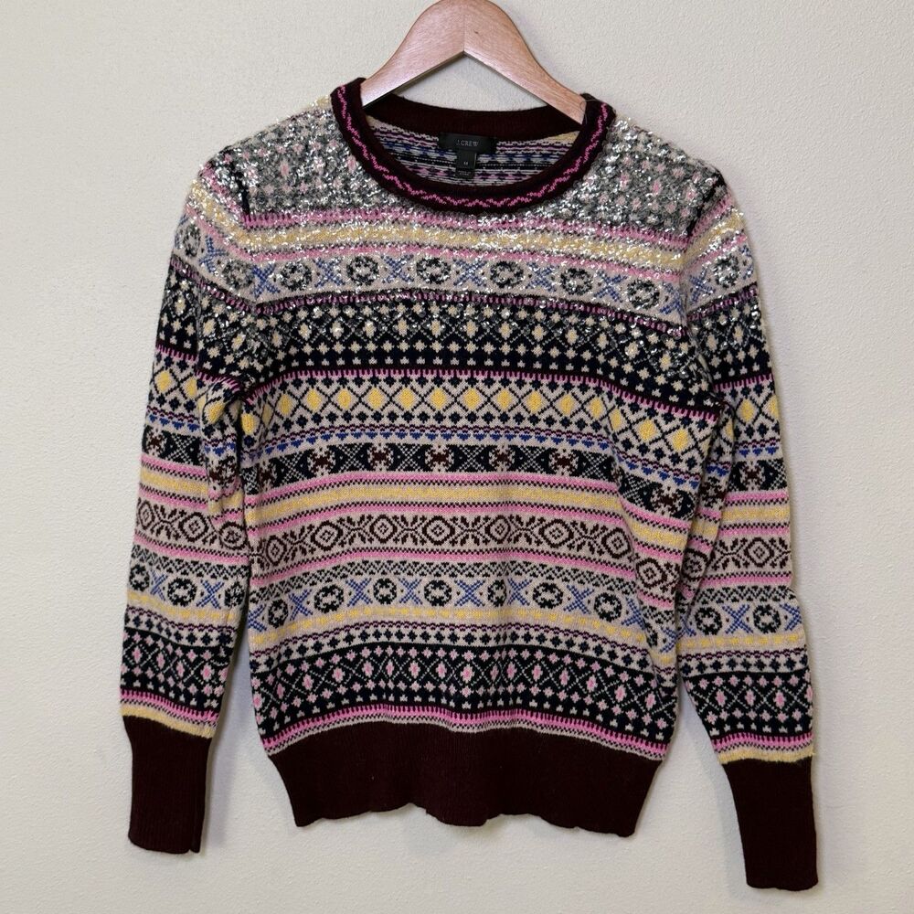 J Crew Lambswool Sweater Womens M Multicolor Fair Isle Sequin Crewneck Knit